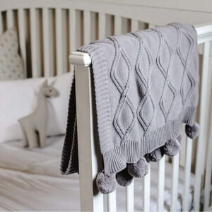 Linen Perch Cable Knit Pom-Pom Cotton Baby Blanket Gray